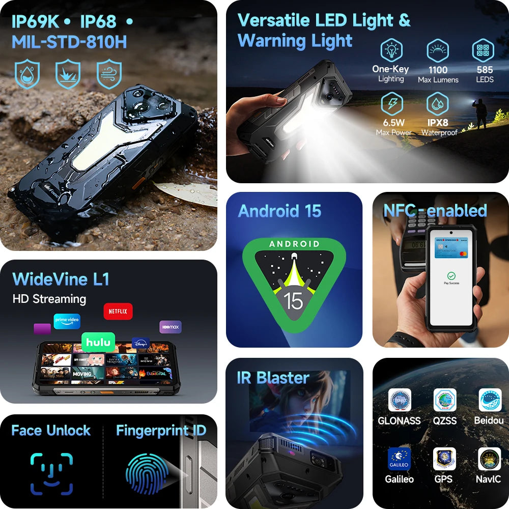 Ulefone Armor 34 Pro+ 5G Rugged Smartphone 16GB+512GB 25500mAh Built-in Projector 64MP Night Vision 6.95'' 120Hz NFC Android 15