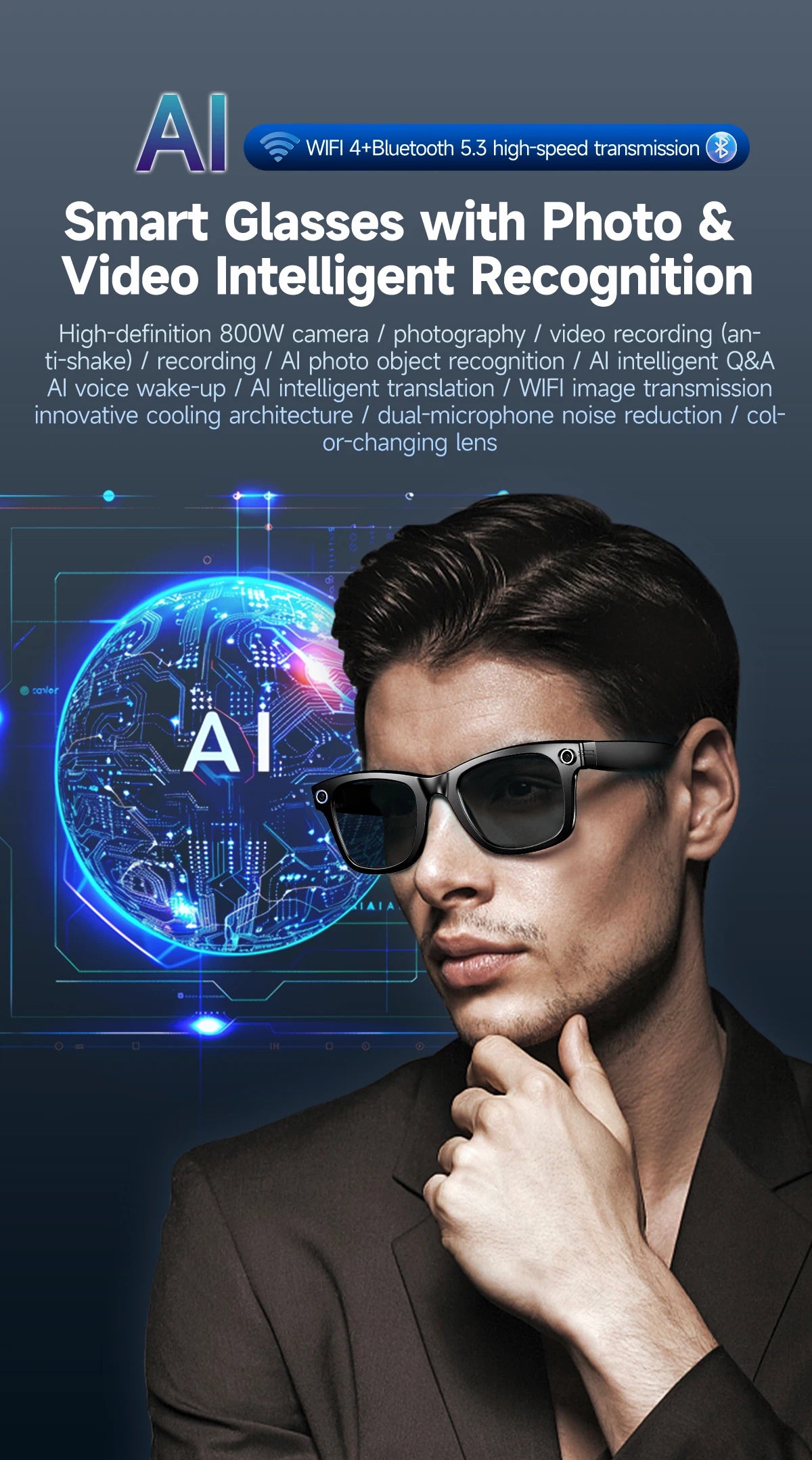 2025 smart glasses bluetooth camera Recording Videos AI Photo Recognition Answer 100+ Languages Translation Music Play Men Women
