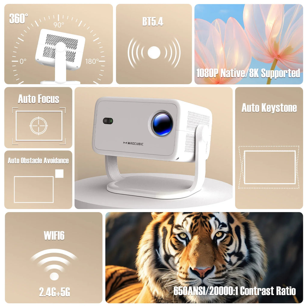 Magcubic 650ANSI L018 8K Projector Native 1080P Home Cinema Auto Focus Keystone Android 14 WiFi6 Portable Projector for Outdoor