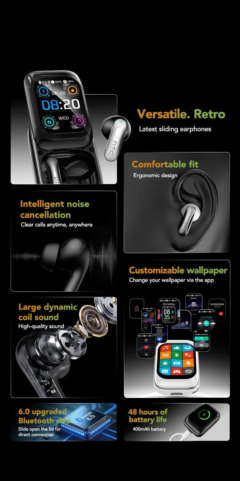 [HTC NE48]Side-Sliding Flip Bluetooth Earphones AI Translation Earbuds HD Touchscreen TWS in-Ear Wireless Headphones