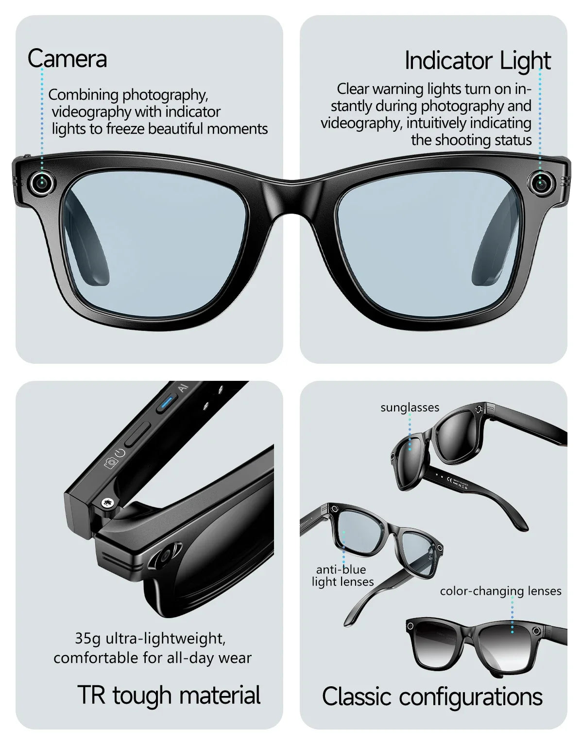 2025 smart glasses bluetooth camera Recording Videos AI Photo Recognition Answer 100+ Languages Translation Music Play Men Women