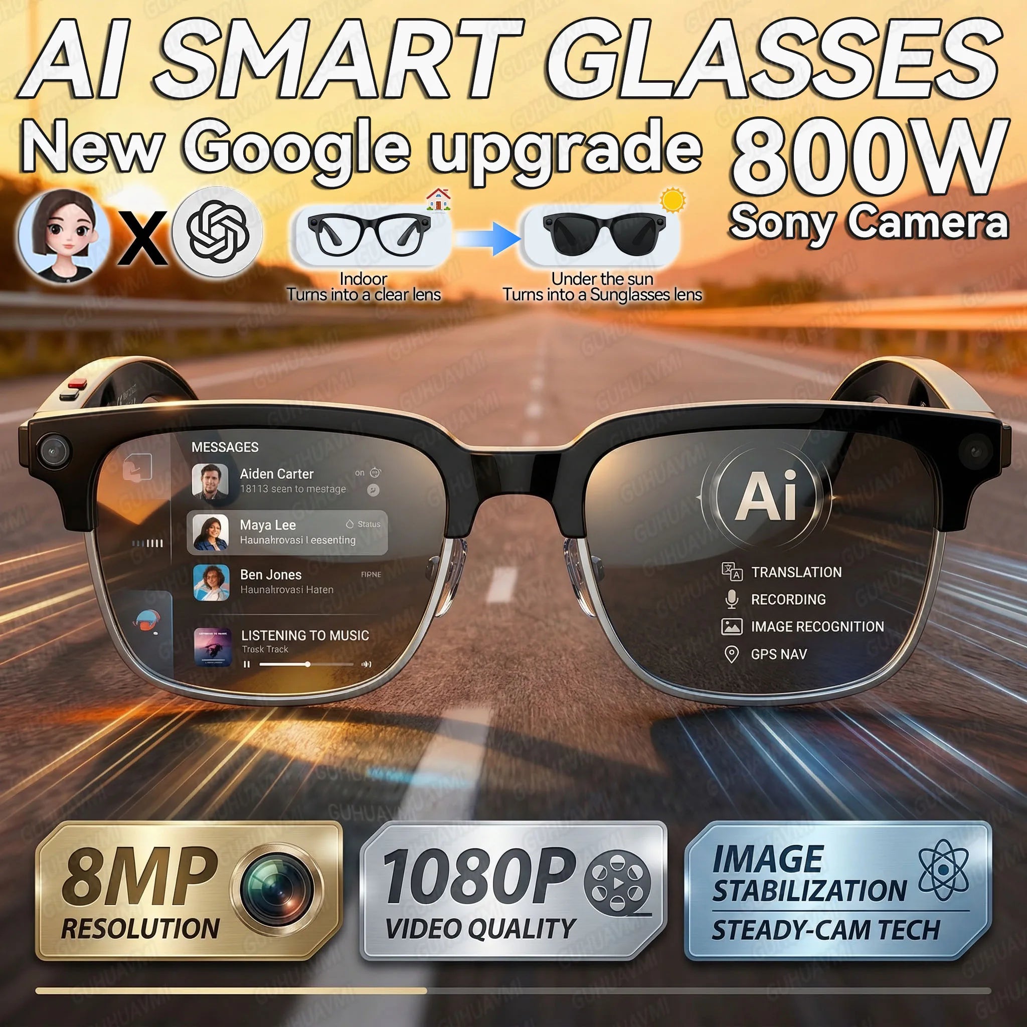 2026New AI Smart Glasses 120+Language Translation 800W Pixel Camera Video Music Player Call Business 8K Color Change Glasses Men