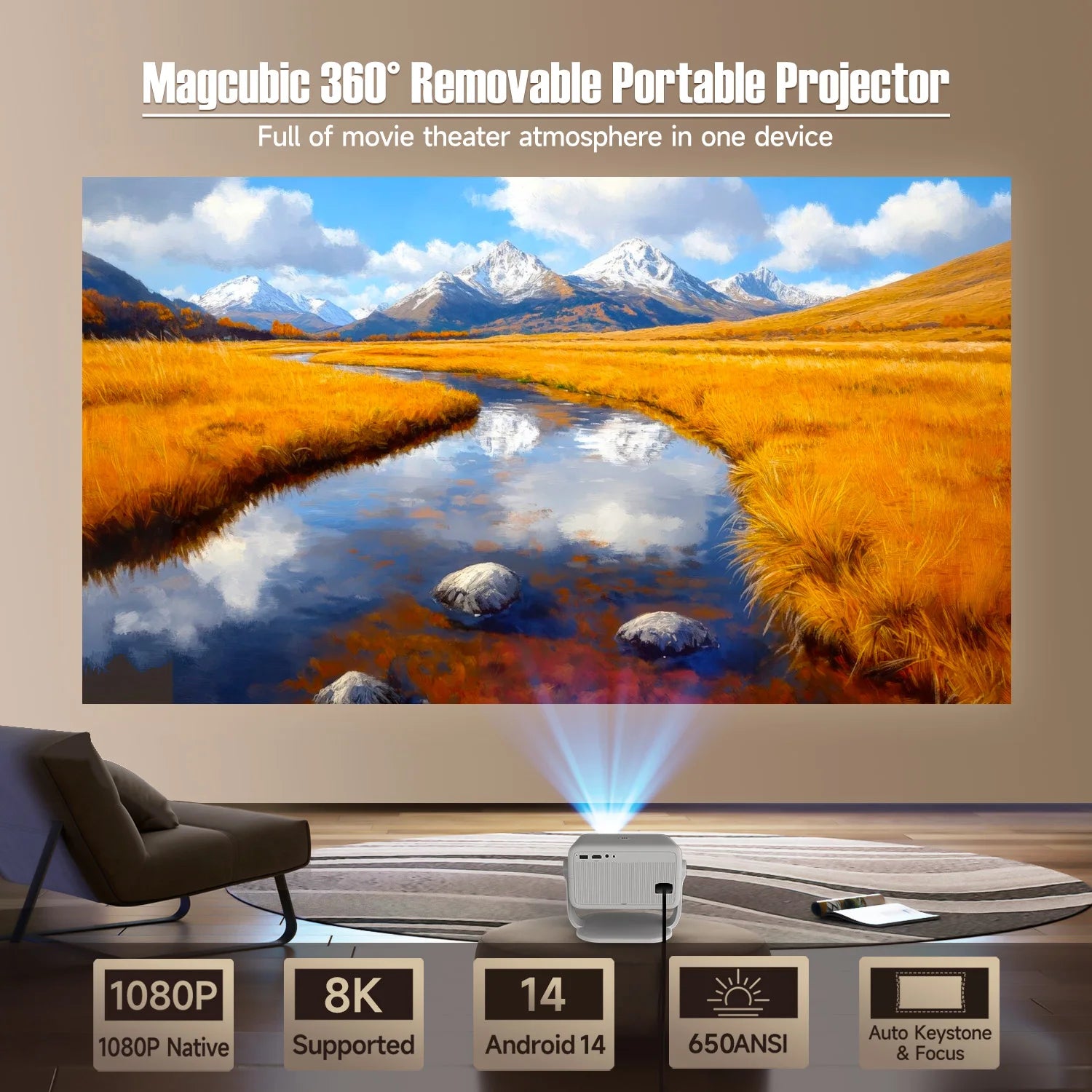Magcubic 650ANSI L018 8K Projector Native 1080P Home Cinema Auto Focus Keystone Android 14 WiFi6 Portable Projector for Outdoor