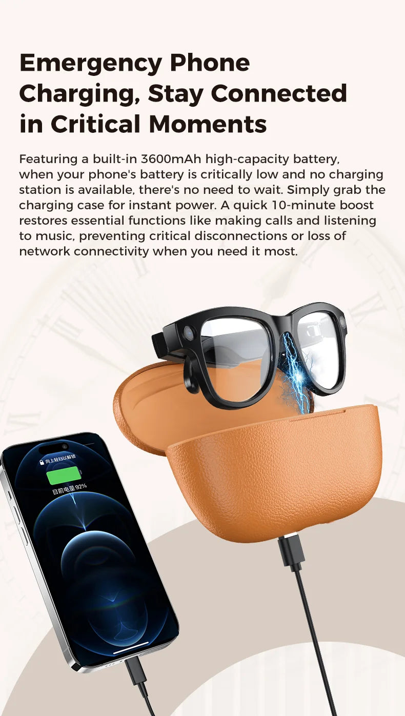 2026 New 800W Camera 3600mAh Portable Charger Smart Glasses 100+language Translation Bluetooth Call Music Player AI Chat Glasses