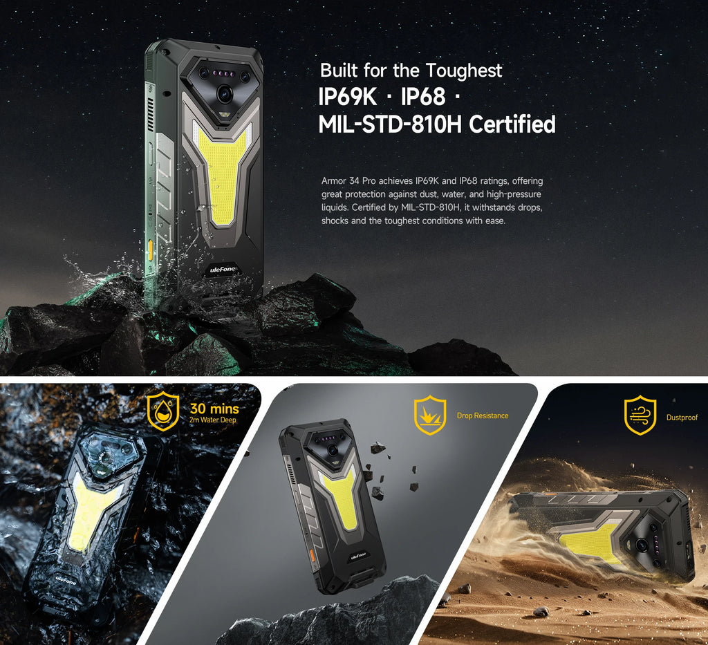Ulefone Armor 34 Pro+ 5G Rugged Smartphone 16GB+512GB 25500mAh Built-in Projector 64MP Night Vision 6.95'' 120Hz NFC Android 15