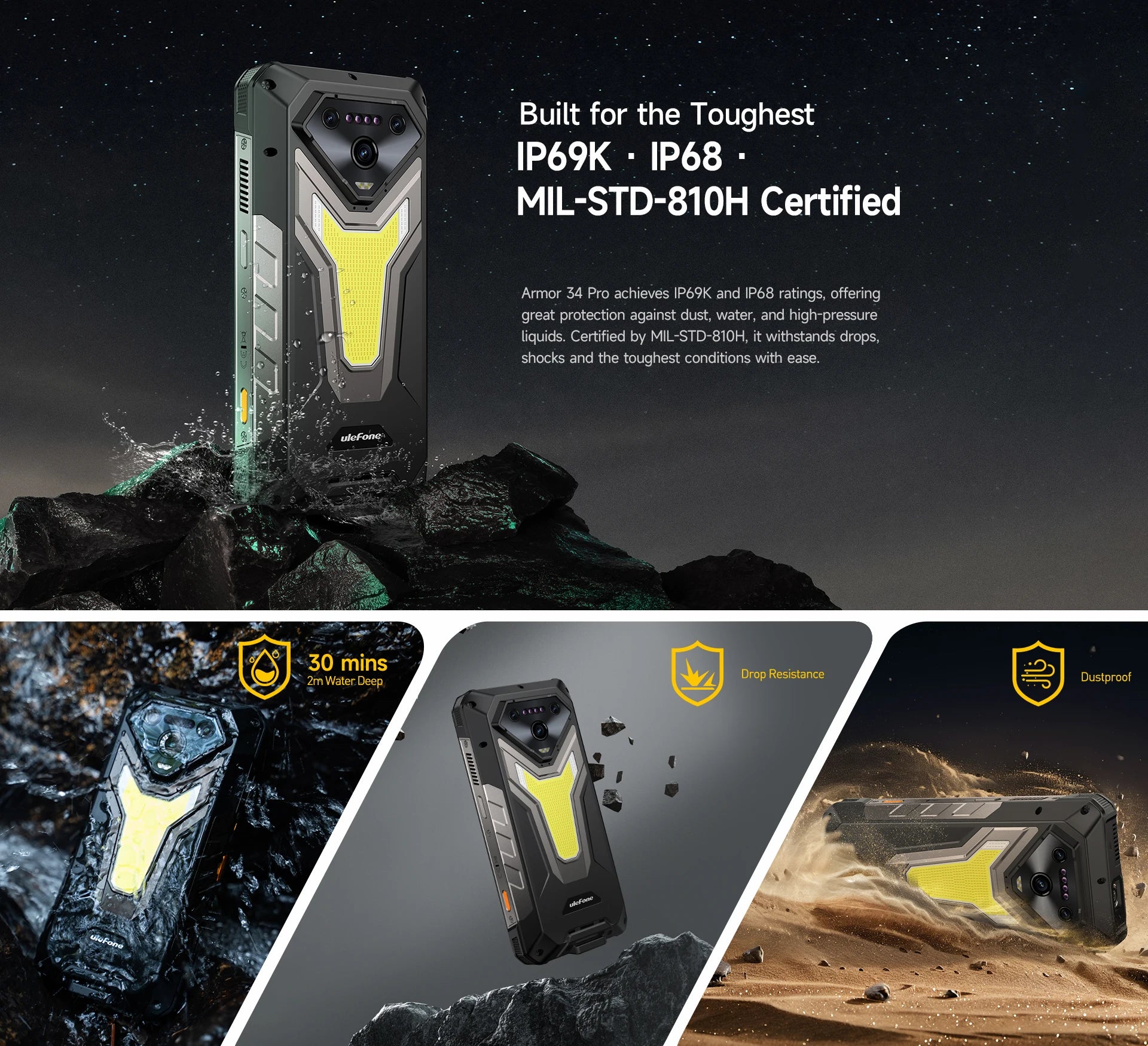Ulefone Armor 34 Pro+ 5G Rugged Smartphone 16GB+512GB 25500mAh Built-in Projector 64MP Night Vision 6.95'' 120Hz NFC Android 15