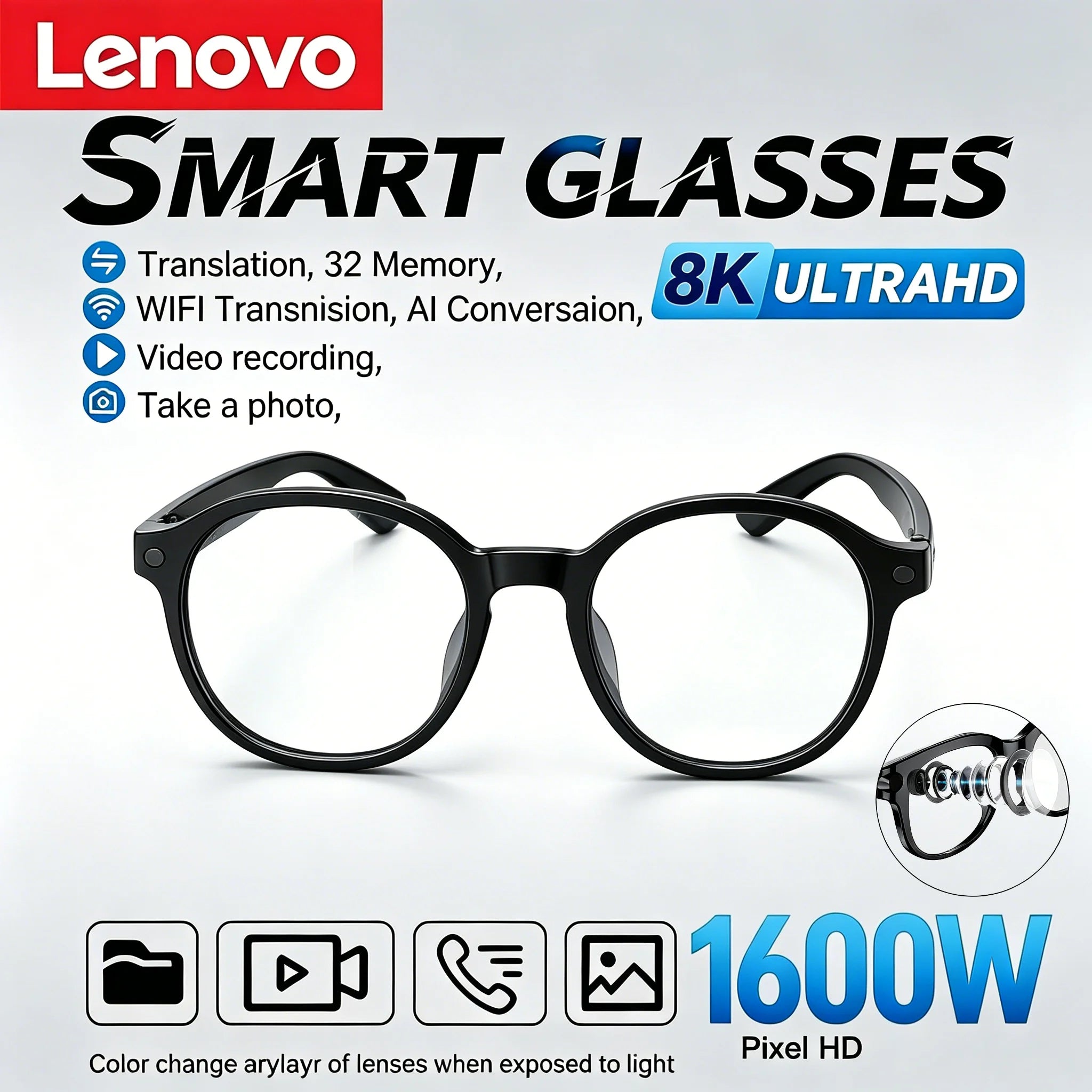 Lenovo New 2026 8K Translation AI Smart Glasses Bluetooth Calling Music Player Camera Control Anti Blue Light Sunglasses