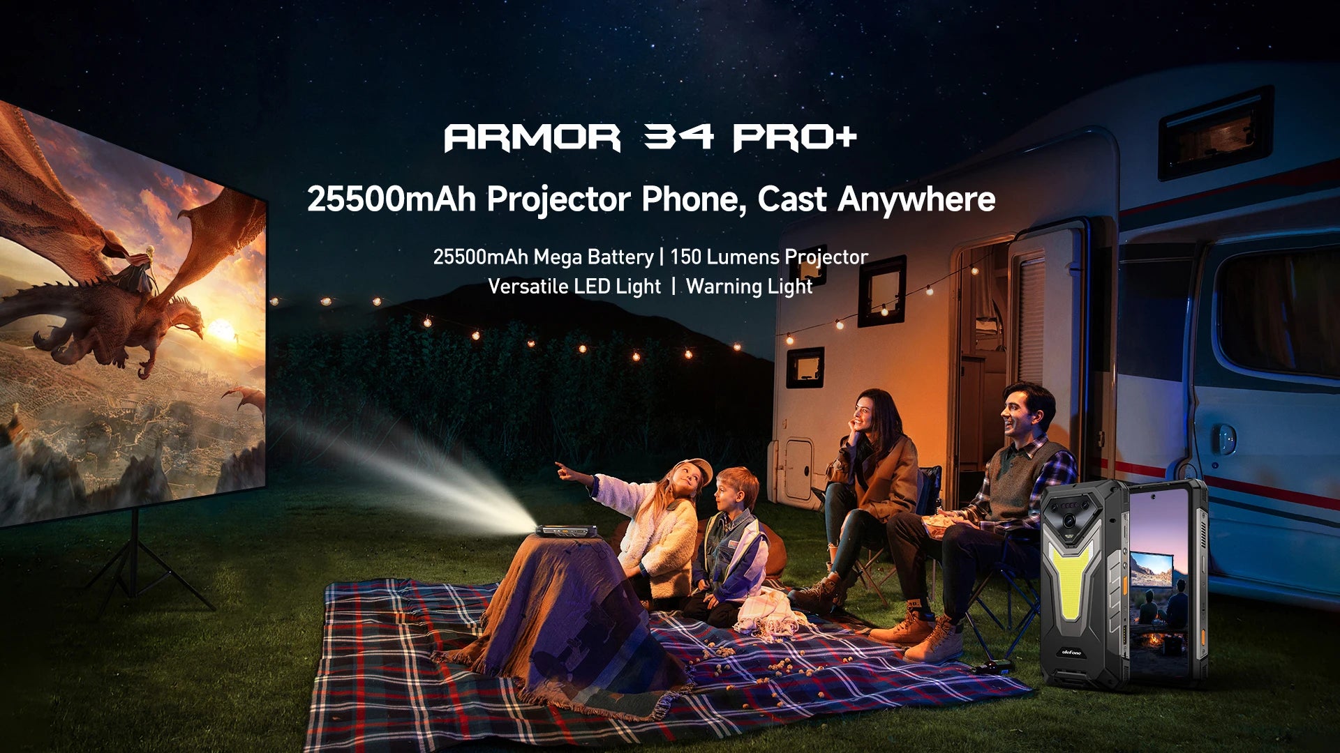 Ulefone Armor 34 Pro+ 5G Rugged Smartphone 16GB+512GB 25500mAh Built-in Projector 64MP Night Vision 6.95'' 120Hz NFC Android 15