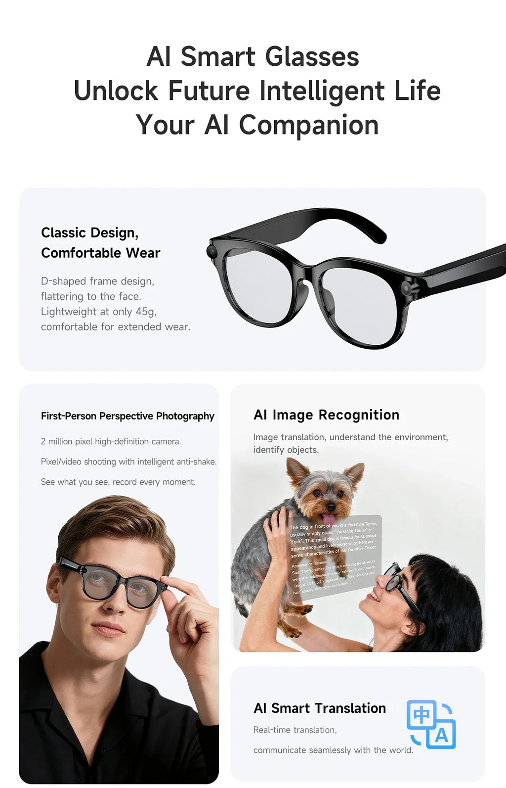 Lenovo New 2026 8K Translation AI Smart Glasses Bluetooth Calling Music Player Camera Control Anti Blue Light Sunglasses